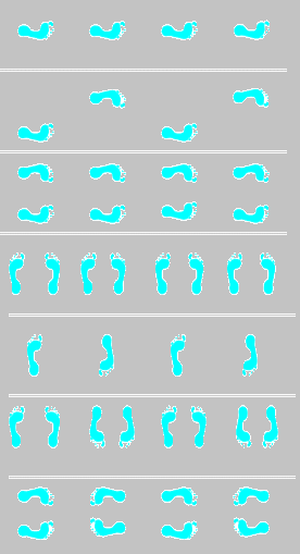 onder de loep hop op één been stap sprong zijdelingse hop draaiende hop op één been zijdelings draaien draaiend springen (Van boven naar onder: L-vorm, pb-vorm, D-vorm, V-vorm, S-vorm, MW-vorm en H-