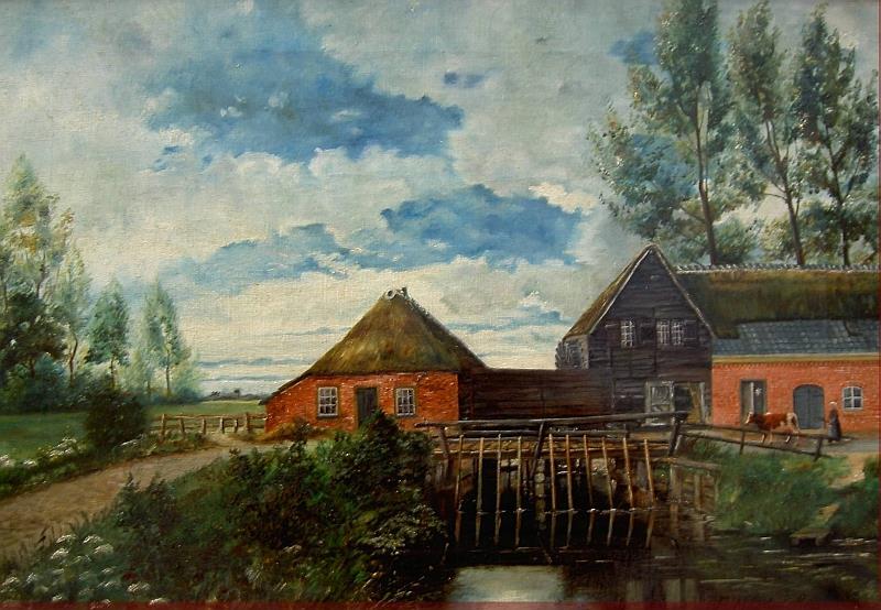 Kasterense watermolen met links de oliemolen en rechts de graanmolen, met uiterst rechts het in 1880 in steen aangebouwde deel dat thans nog bestaat en dienst doet als stal.