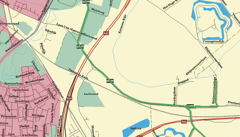 25 Laan van Maarschalkerweerd rechtsaf Koningsweg Tot aan de Waterlinieweg Fort Lunetten Wandeling rond de bastions Lunet 1 tot en met Lunet 4 (N411)Koningsweg terug vervolg waterlinieroute