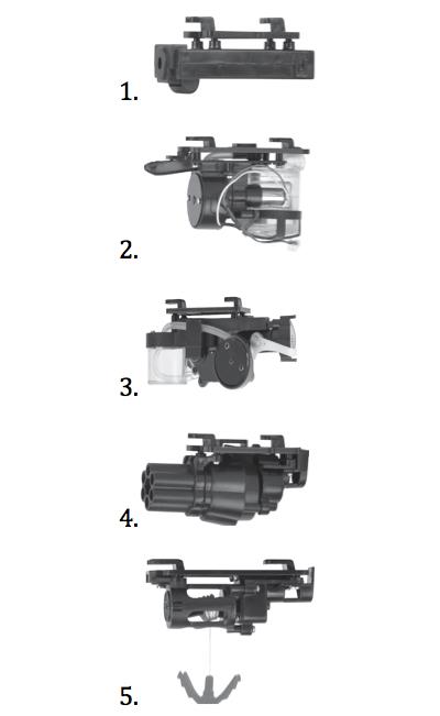 Dit model kan worden uitgerust met verschillende modules. Deze zijn verkrijgbaar bij uw verkoper of op www.wltoys.eu. 1. Camera 2. Bellenblazer 3. Waterkanon 4. Projectielenschieter 5.