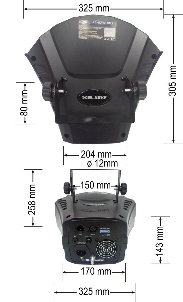 Productspecificaties Model: Showtec XB-Wave Spanning: 240V-50Hz (CE) Opgenomen vermogen: 30W LED s: 2x 9W RGB LED Zekering: 1A / 250V Gewicht: 2,4 kg Gebruik en programmeren Signaalpen OUT: pen 1