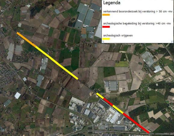 Kaart selectieadvies Het reeds onderzochte deel van traject B heeft in zijn geheel geen restricties voor wat betreft archeologie bij graafwerkzaamheden.