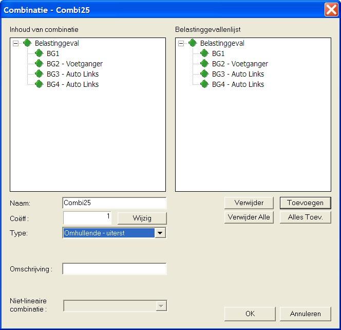 In Scia Engineer: 1. Open Belastinggevallen, Combinaties > Combinaties 2. Klik op om een nieuwe combinatie toe te voegen. 3. Klik rechts op Verwijder Alle. De combinatie wordt leeggemaakt. 4.