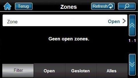Na gebruik van de filter worden de open en gesloten zones weergegeven.de Refresh-knop verschijnt wanneer er zich een verandering heeft voorgedaan in status van één of meerdere zones.