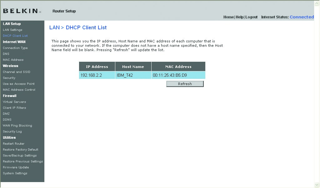 Gebruik maken van de geavanceerde web-based gebruikersinterface De pagina met de DHCP-cliëntenlijst bekijken U kunt een overzicht bekijken van de computers (bekend als clients (cliënten)) die zijn