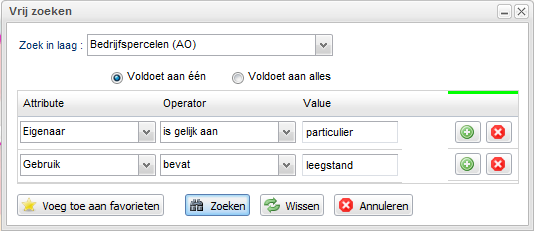 Op dezelfde manier als bij het zoeken op basis van vrij getekende geometrie kan u de zoekopdracht op basis van selectie toevoegen aan uw favorieten, om die later opnieuw te gebruiken. 7.4.3.