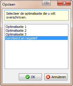 Klik in het optimalisatiebeheer-venster (2.4.1) op de knop Opslaan als nieuwe optimalisatie. DentAdmin vraagt u om een naam in te geven voor de optimalisatie. We noemen de optimalisatie bv.