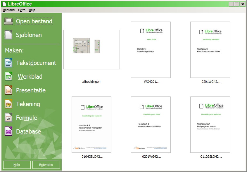 Afbeelding 18: LibreOffice StartCentrum Vanuit de SnelStarter Als LibreOffice op computers met Windows of Linux geïnstalleerd is, kan de SnelStarter ook geïnstalleerd zijn.