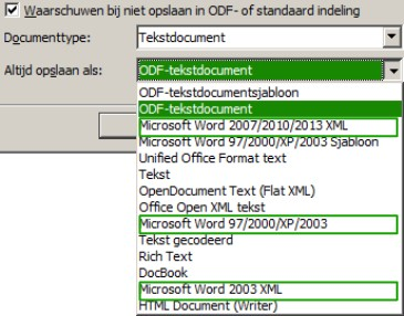 Tip Ga, om Writer documenten standaard in het Microsoft Word-bestandsformaat op te laten slaan, naar Extra > Opties > Laden/Opslaan > Algemeen.