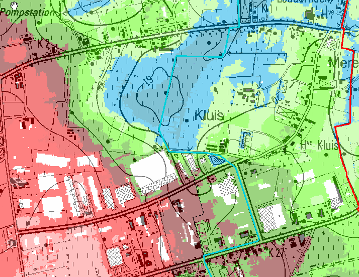 Figuur 6: Topografie op basis van het DHM-Vlaanderen hoe donkerder de kleur hoe hoger. Ter hoogte van het studiegebied variëren de peilen tussen 18.50 en 24 m TAW.