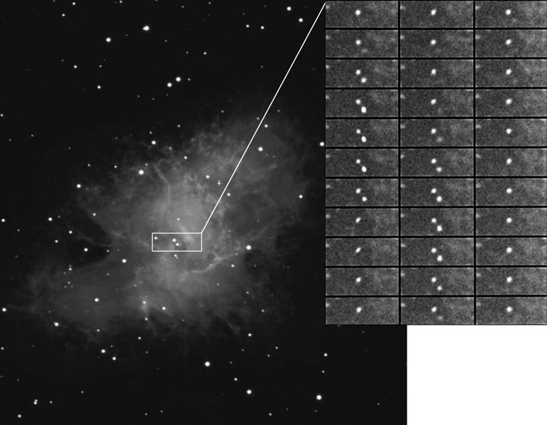 Samenvatting 95 Figuur 7.2: Een optische waarneming van de Krabnevel in het sterrenbeeld Stier. Links is het restant van de supernova explosie te zien waarbij de Krab pulsar is gevormd.