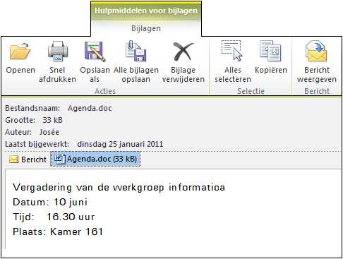 Bijlage openen, opslaan en verwijderen Een bericht met een bijlage herken je aan. Een bijlage kun je bekijken door op de bijlage te klikken.