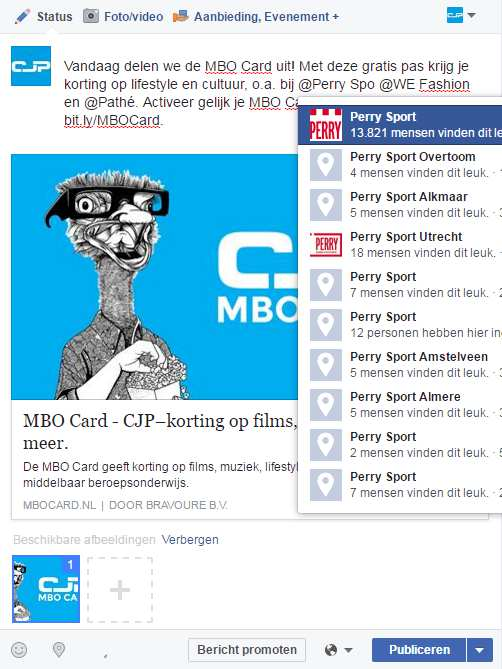 Stap 1 Neem bovenstaande tekst over als post op Facebook. - In de tekst staat @Perry Sport, @WE Fashion en @Pathé.