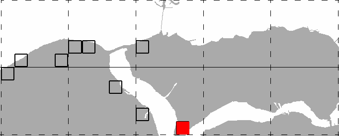 Verspreiding van de watervleermuis Myotis daubentonii in noordoost Walcheren en Noord-Beveland (betekenis symbolen: zie fig. 19). Van de 10 uurhokken (5 x 5 km) was de soort bekend 9 hokken.