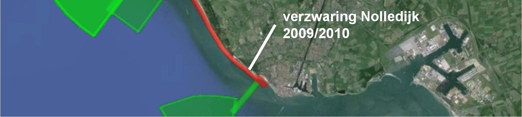 Figuur 3.7 Overzichtskaart met uitgevoerde suppleties, rode vlakken zijn strandsuppleties, duin- en dijkverzwaringen, groene vlakken zijn onderwatersuppleties.