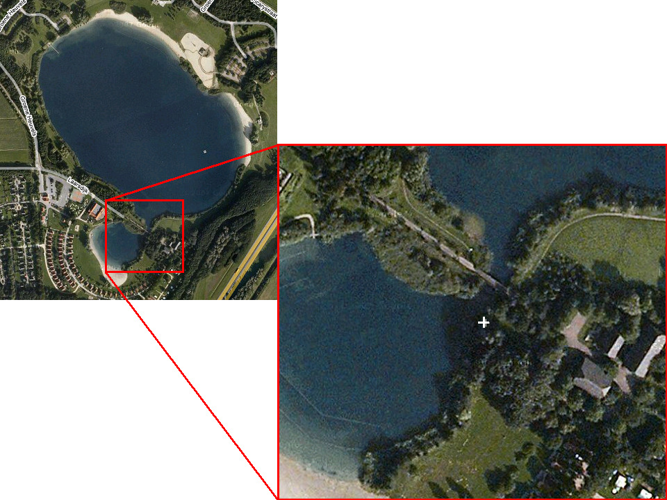 Figuur 6. Locatie monsterpunt 0162B, Rijkswegzijde (wit kruis) De plas wordt tijdens het zwemseizoen druk bezocht. Op topdagen kunnen zich ongeveer 10.