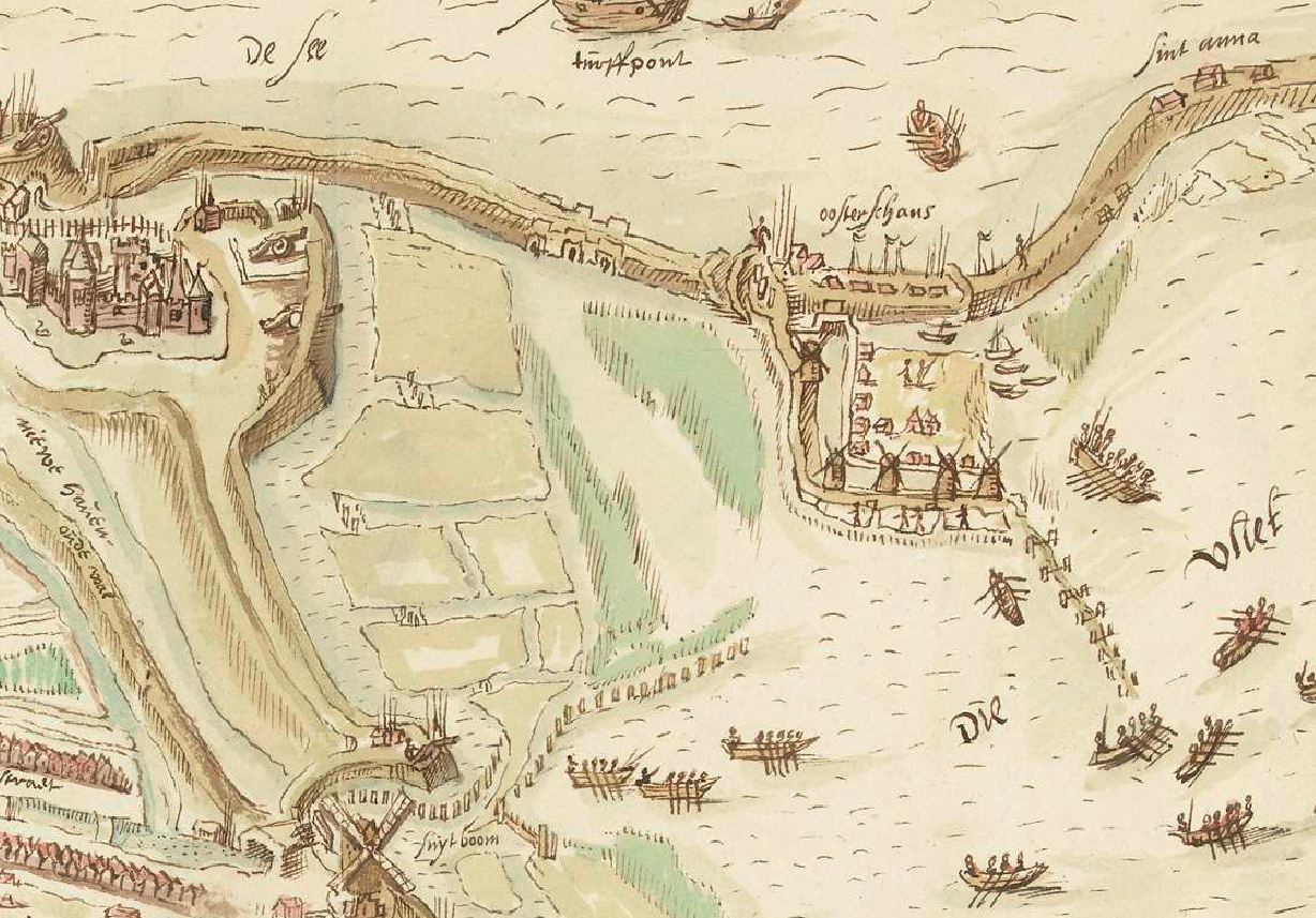 Afbeelding 6. De locatie van het plangebied DEK-terrein (zwarte cirkel, bij benadering) op een anonieme schets (1588, Collectie Rijksmuseum). Het noorden is links.