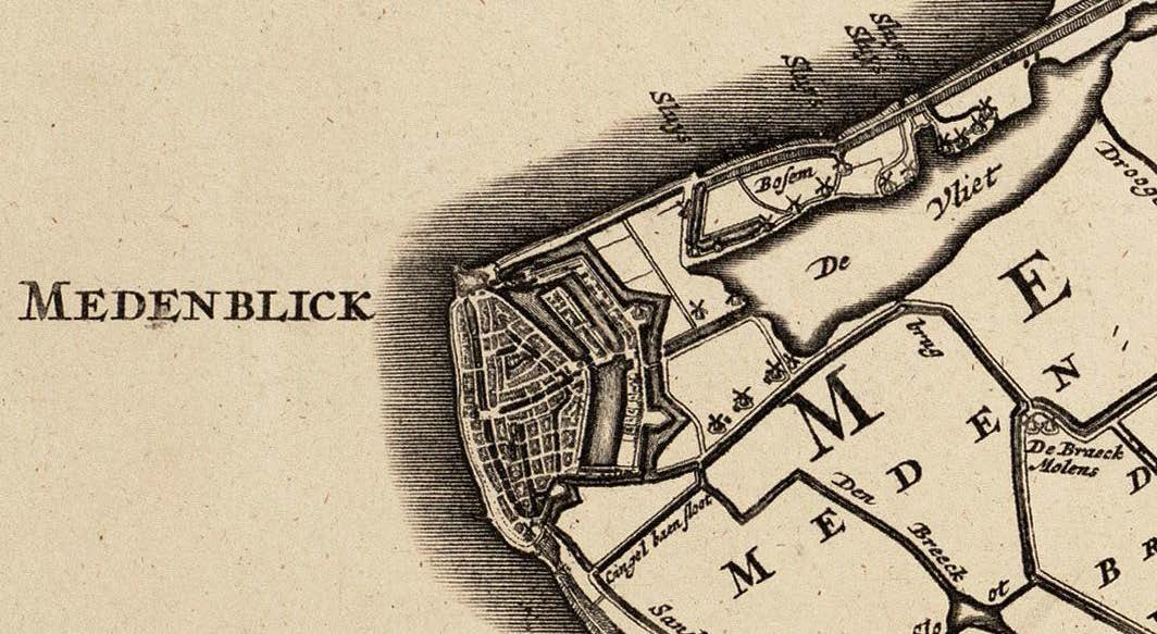 Afbeelding 7. De locatie van het plangebied DEK-terrein (witte cirkel, bij benadering) op de Kaart van de Uitwaterende Sluizen van het Hoogheemraadschap (1745, Collectie HHNK).