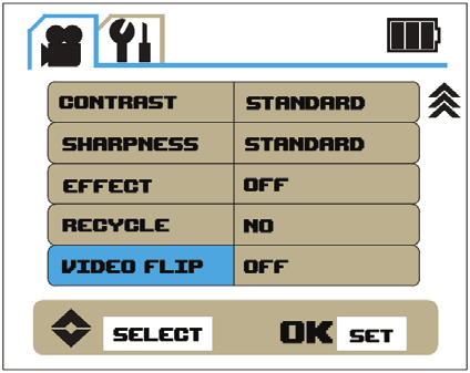 * Video Flip:Gebruik in de instellingenlijst de knoppen OMHOOG/OMLAAG om "VIDEO FLIP" te selecteren en druk op om de instelling te openen. Kies "AAN" of "UIT" en druk op om de selectie te bevestigen.