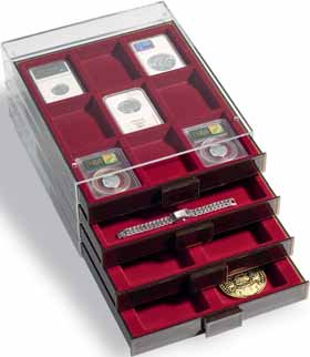 66 Muntenboxen XL Muntenboxen XL De XL muntentableaus zijn 22 mm hoog en bieden voldoende ruimte voor verschillende verzamelitems zoals, medailles, horloges, juwelen, Everslabs, muntrollen etc.