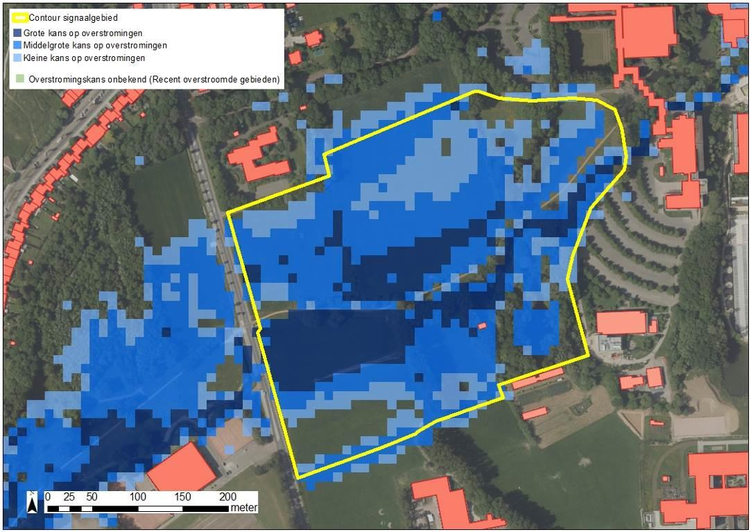 Figuur: De blauwe contouren geven de huidige overstromingskans weer. Hoe donkerder blauw, hoe groter de overstromingskans.