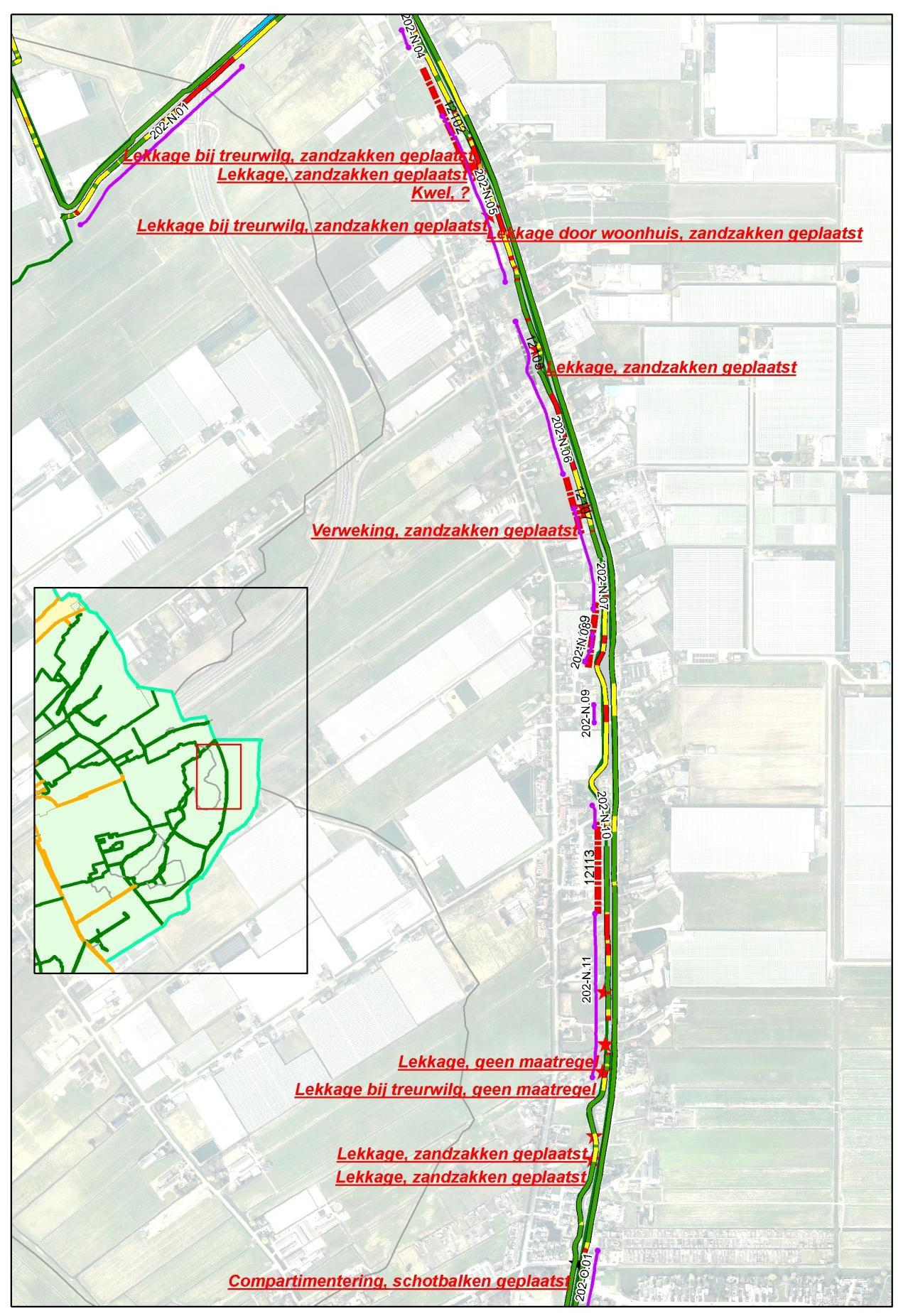 10 Bijlagen 10.1 Bijlage 1: Locaties knelpunten langs Noordeindseweg en toetsresultaten kade. Figuur 4: Locaties knelpunten langs Noordeindse weg en toetsresultaten kade.