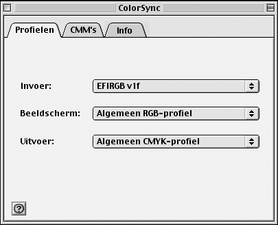 COLORWISE PRO TOOLS 20 DE COLORSYNC-PROFIELEN INSTELLEN 1 Kies Control Panels (Bedieningspanelen): ColorSync op het Apple-menu. 2 Selecteer EFIRGB ICC v1f in de vervolgkeuzelijst Systeemprofiel.