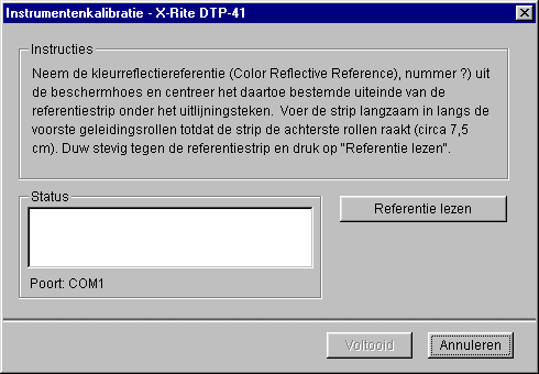 KLEURMEETINSTRUMENTEN 74 6 Kies de juiste COM-poort voor de DTP41 in het vak Beschikbare poorten. Bij Instructies worden aanwijzingen weergegeven voor het selecteren van de poort.