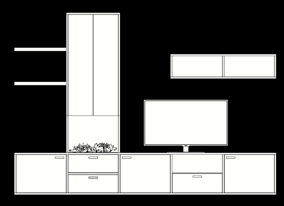 Dover wandconcept 9 Wand met haard vakbreedte 60 cm DH5E Middelhoog (tv-)dressoir 1 stuks " 300 x & 42 x # 48 cm (Onder haard: bovenin klep, onderin lade) DHK10 Haardkast 1 stuks " 62 x & 29