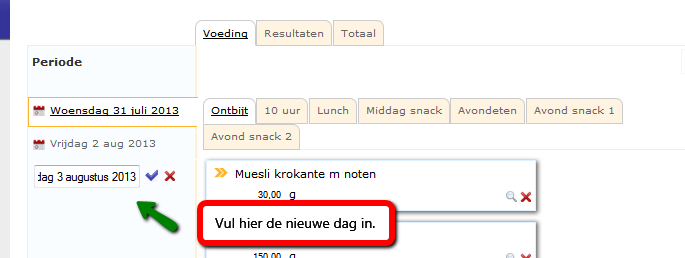 Er verschijnt een leeg vak. Vul hier de naam van de nieuwe dag in. En klik op het blauwe vinkje.