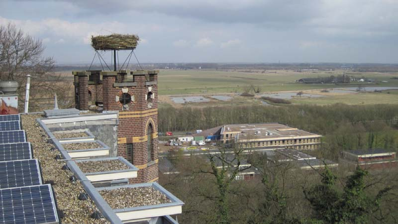 Werk in uitvoering Bewoners van de woon- en werkgemeenschap de Refter in Ubbergen hebben op één van de oude kloostergebouwen een ooievaarsnest geplaatst.