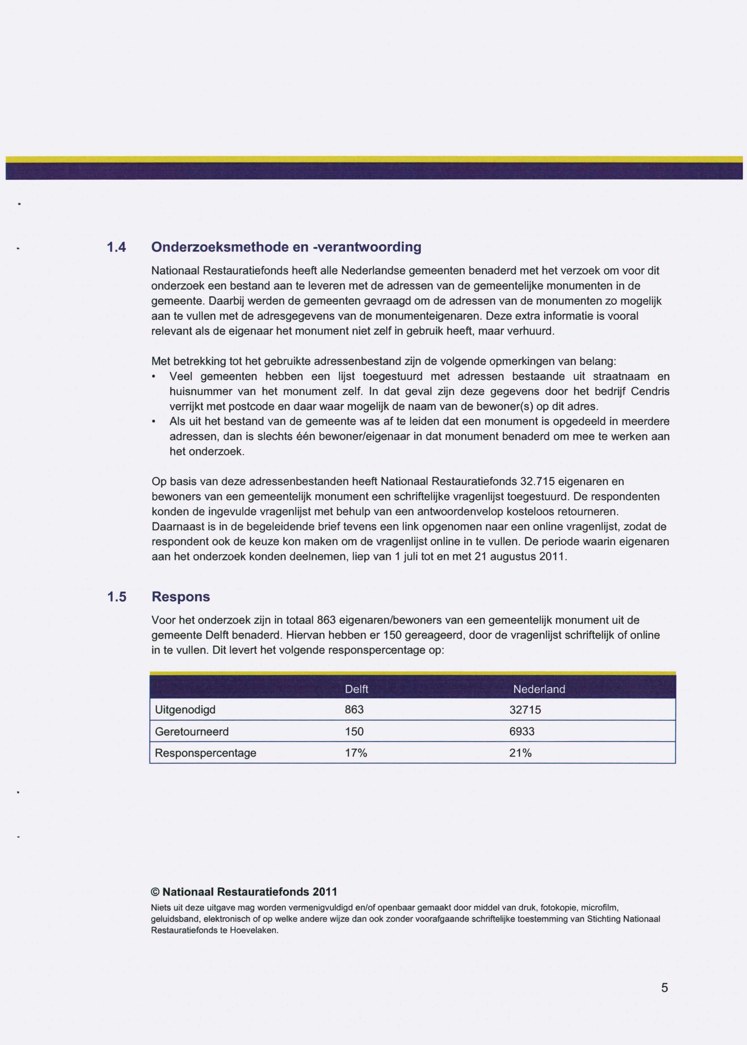 1.4 Onderzoeksmethode en -verantwoording Nationaal Restauratiefonds heeft alle se gemeenten benaderd met het verzoek om voor dit onderzoek een bestand aan te leveren met de adressen van de