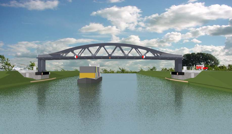 gesloten toestand > open voor autoverkeer Her-ontwerp Dit ontwerp voor de te vervangen tafelbrug in Zuidhorn is een herontwerp ten opzichte van de eerder gemaakte ontwerpen voor een serie van 3