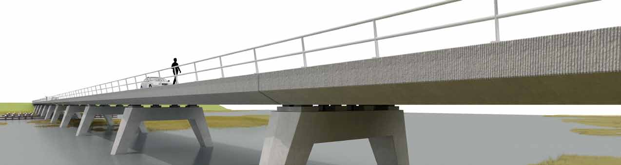 Hekwerk Op de betonnen schampkanten komen voertuigkerende hekwerken. Het hekwerk volgt de doorgaande lijn van het brugdek en is terugliggend gepositioneerd t.o.v. de rand.