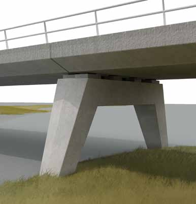 Tussensteunpunten Dertien betonnen pijlers zijn gelijk verdeeld over de totale overspanning. De ondersteuningen zijn visueel ondergeschikt aan het brugdek.