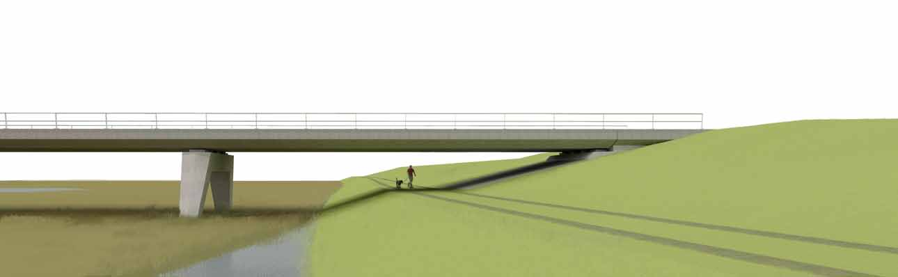 Landhoofd Bij de aanlanding komt het brugdek aan op een hooggelegen landhoofd; de dijk blijft in lijnvoering continu. De betonnen landhoofden zijn onopvallend door terugliggende positie t.o.v. de doorlopende brugrand.