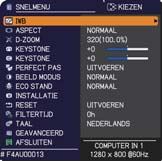 INPUT IWB CALIBRATION ASPECT AUTO ACCENTUALIZER HDCR PAGE UP DOWN KEYSTONE/ PERFECT FIT TEMPLATE FREEZE AV MUTE ESC FOCUS POSITION MAGNIFY ON OFF MYBUTTON ENTER D-ZOOM VOLUME MENU RESET In werking De