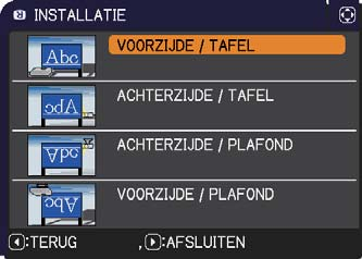 INSTELLING menu Onderdeel Beschrijving Door op de knop te drukken wordt het dialoogvenster weergegeven voor veranderen van de INSTALLATIE instelling.