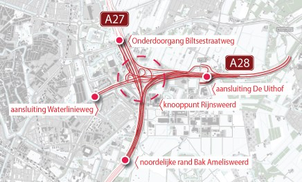 Ten zuiden van de aansluiting Utrecht-Noord wordt aan de (oostelijke) rijbaan in de richting van Hilversum een rijstrook toegevoegd.