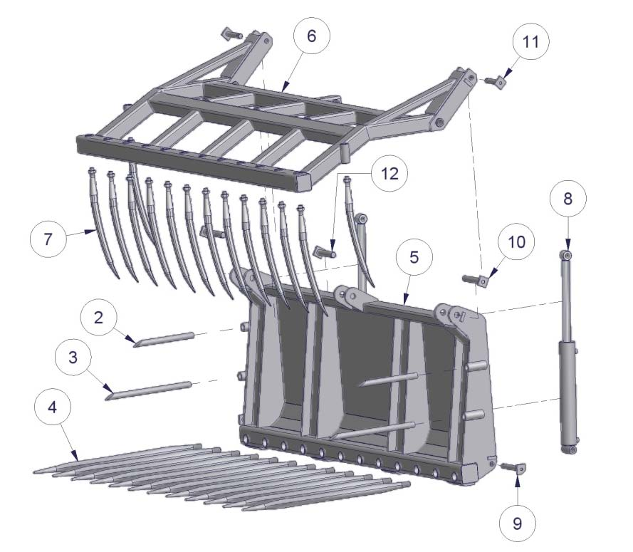 2.4 ZV/ZVG 2.4.1 Onderdeellijst ZV ZVG Nummer Beschrijving 1 Frame ZV 2 Korte tand 3 Lange tand 4 Speer 5 Frame ZVG 6 Bovenklem ZVG 7 Tanden 8 Cilinder DW