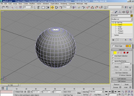 3.1 Het toepassen van 'modifiers' Als de 'sphere' de juiste grootte en polygonenaantal heeft kunnen we hem bewerken. Dit doen we door een 'modifier' erop te zetten.
