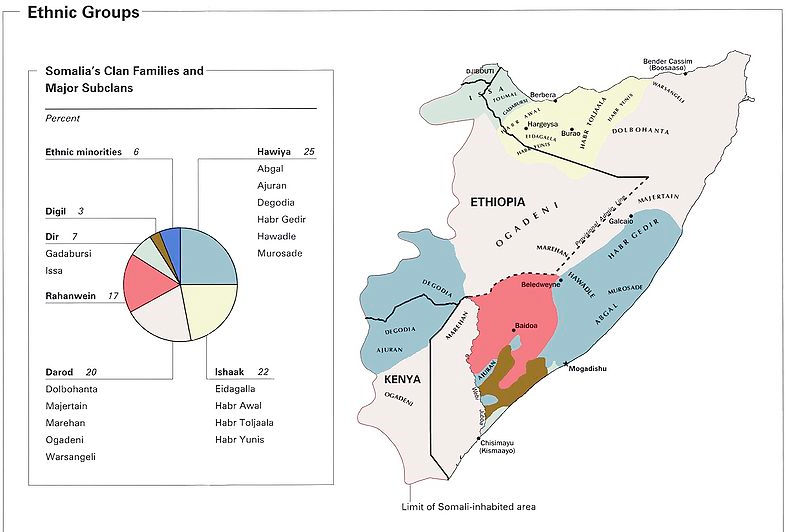 De Somalische bevolking bestaat uit twee genealogische hoofdgroepen: de Saab en de Samale, (beide etnische Somaliërs) en daarnaast uit 15-20% niet tot de Somalische clans behorende minderheden en