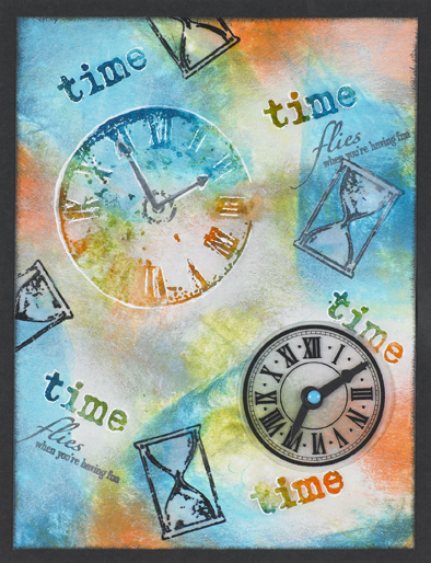 Time Flies door Karin Koppen Benodigdheden: wit kaartkarton 13,5 x 18 cm vellum Adirondack inkt Stonewashed, Lettuce, Popsicle Orange en Stream India Ink Black eembossingpoeder clear stempels: klok,