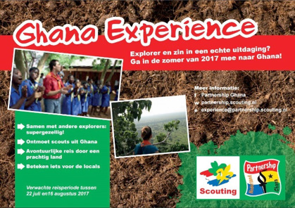 Ghana - Linda De Ghana Experience 2017 Komende zomer organiseert Scouting Nederland voor de laatste keer een unieke reis naar Ghana: De Ghana Experience.