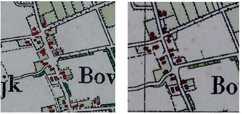 Figuur 20 : Bonnekaart uit 1899 en 1929 Op de Indicatieve Kaart Archeologische Waarden, is het plangebied gelegen op de overgang tussen gebieden met een hoge en middelhoge indicatieve archeologische