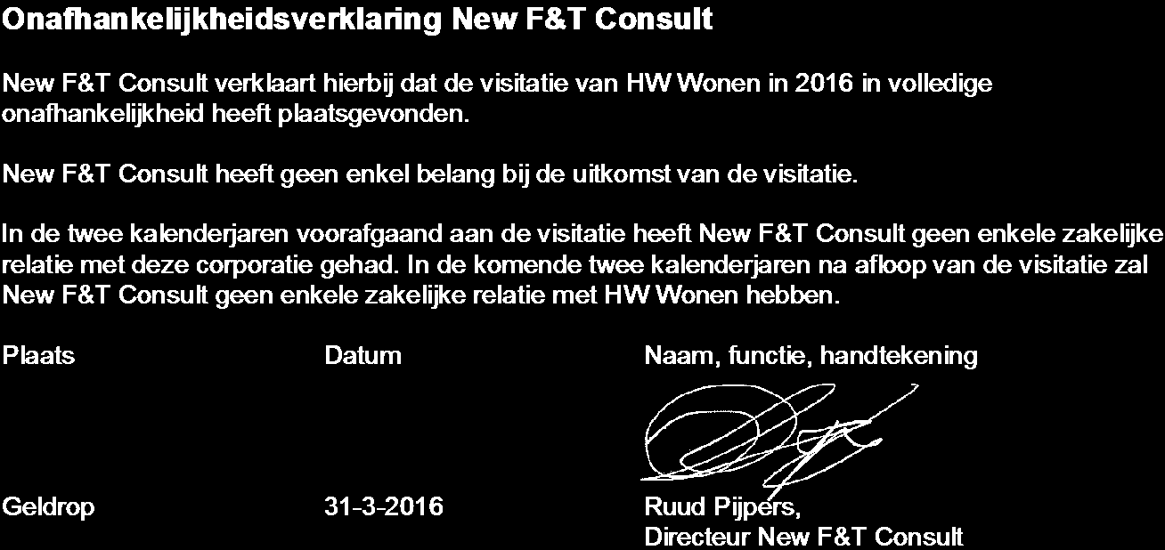 Bijlage 1 Visiterend bureau en visitatiecommissie Onafhankelijkheidsverklaring Pentascope Pentascope verklaart hierbij dat de visitatie van HW Wonen in 2016 in volledige onafhankelijkheid heeft