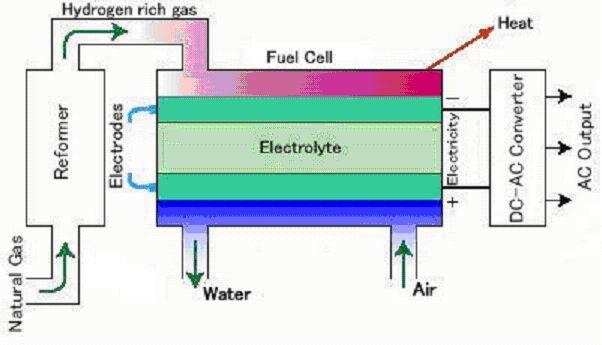 toegevoerd aan de anode, splitst zich met behulp van een katalysator (bijvoorbeeld platina), die op het poreuze anode materiaal is aangebracht, in een elektron en een proton.