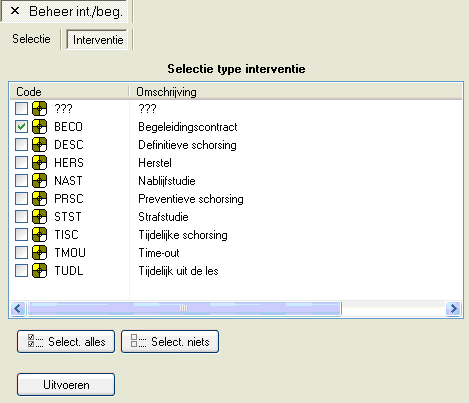 HOOFDSTUK 1. LEERLINGVOLGSYSTEEM 13 1.2.2 Interventie In het tabblad Interventie kan je de types selecteren van de interventies die je wil aanpassen of verwijderen. Figuur 1.