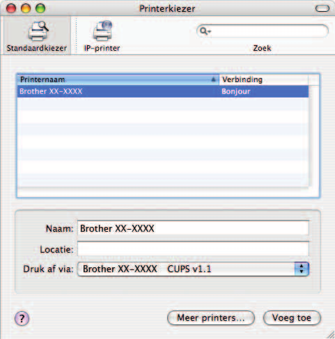 Netwerkprinten vanuit Macintosh f Maak de volgende selectie. 4 g Kies uw printer en klik vervolgens op Voeg toe. De printer is nu klaar om te printen. (Mac OS X 10.3.9) (Mac OS X 10.4.x) Voor Mac OS X 10.