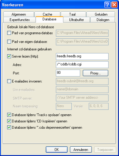 11.7 Het tabblad Database Pad van programma-database Het programma heeft een pad ingesteld naar een database waarin uw cd-titels en -songs worden geplaatst.